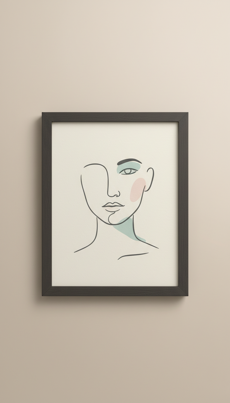 Retrato minimalista en marco de madera carbón